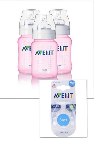 Mamadeira Avent ed. limitada rosa 1m+(kit com 3) + bico 3m+